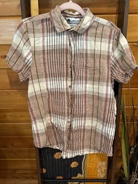 TAllwoods washable linen men’s Short-Sleeve Plaid Button-Down Shirt